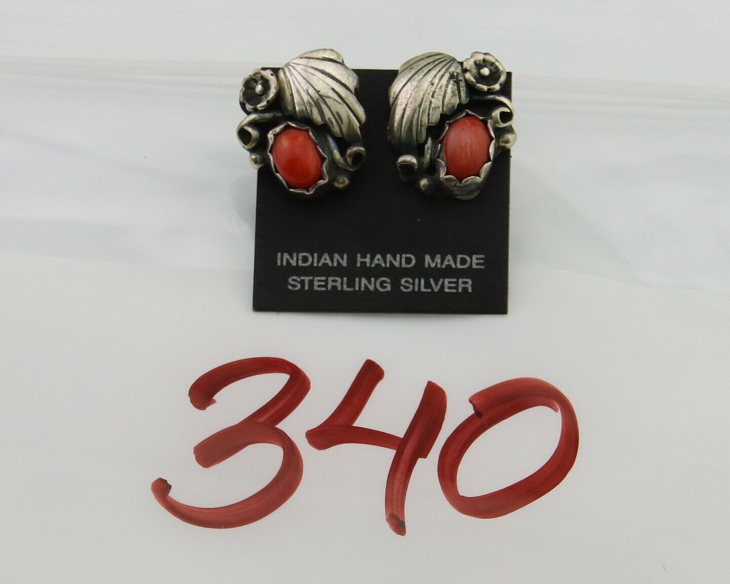 Navajo Earrings 925 Silver Natural Red Coral Native American Artist C.80's