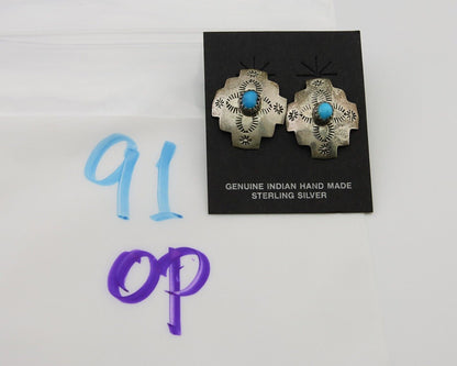Navajo Hand Stamped Earrings 925 Silver Turquoise Native American Artist C.80's