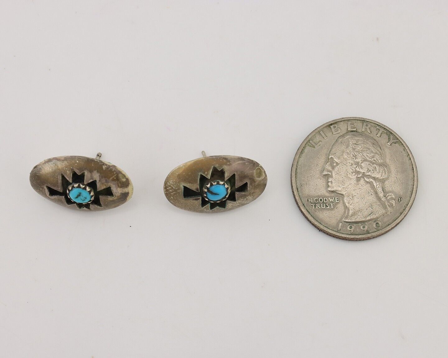 Navajo Hand Cut Earrings 925 Silver Blue Natural Turquoise Native Artist C.80's