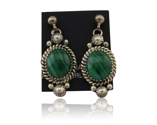 Navajo Handmade Earrings 925 Silver Malachite Native American Artist C.80's
