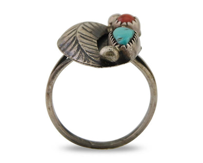 Navajo Ring 925 Silver Turquoise & Coral Artist Signed Moore C.80's