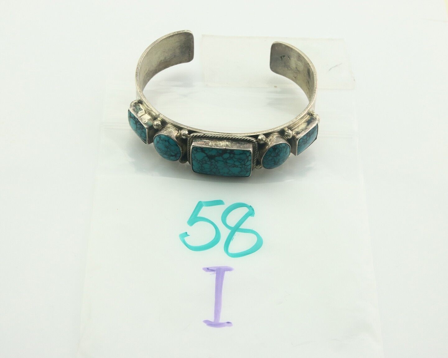 Men Navajo Bracelet 925 Silver Turquoise Cuff Signed ROIE JAQUE C.80's