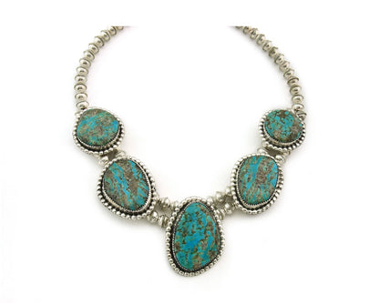 Navajo Squash Necklace Sterling Silver Nalural Kingman Turquoise Signed JR