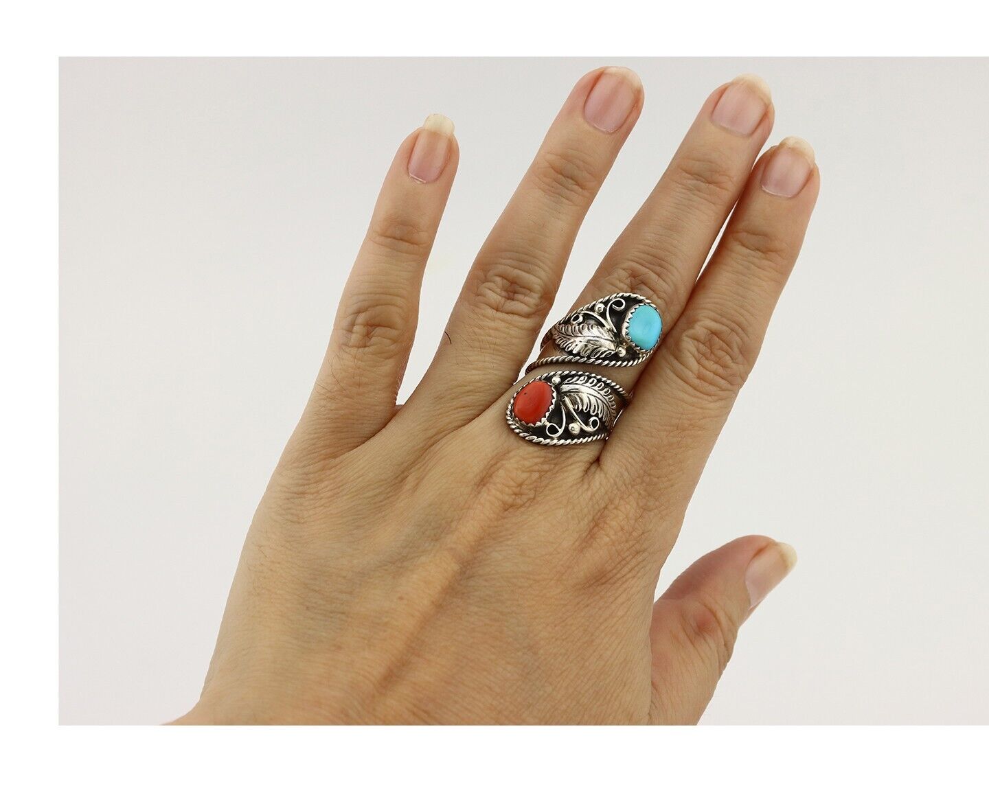 Navajo Adjustable Ring 925 Silver Turquiose & Coral Artist Signed R C.80's