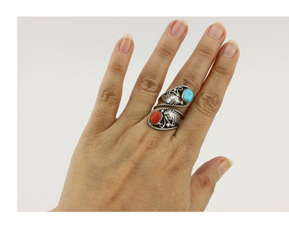 Navajo Adjustable Ring 925 Silver Turquiose & Coral Artist Signed R C.80's