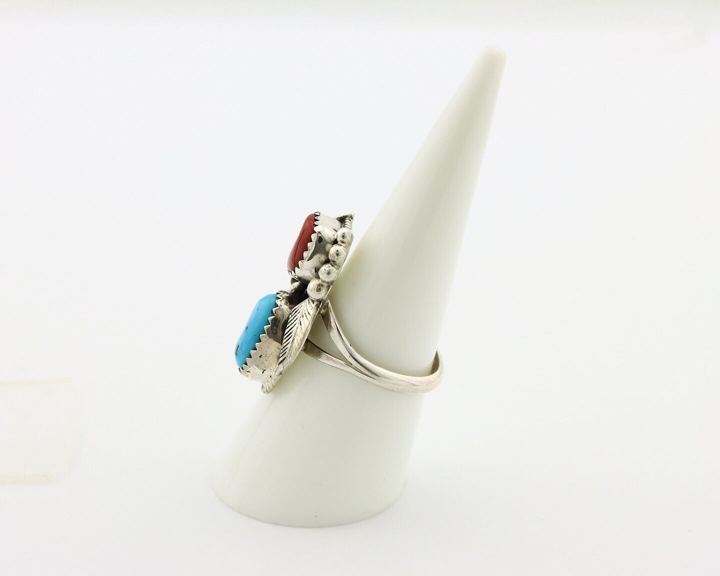 Navajo Ring .925 Silver Turquoise & Coral Artist Signed Justin Morris C.80's