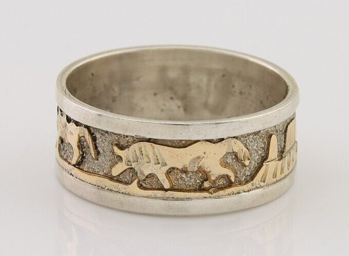 Men Navajo Handmade Ring 925 Silver & Gold Signed Tom & Sylvia Kee C.80's