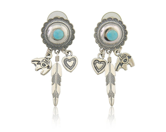 Navajo Concho Dangle Bear Feather Heart Earrings 925 Silver Natural Turquoise