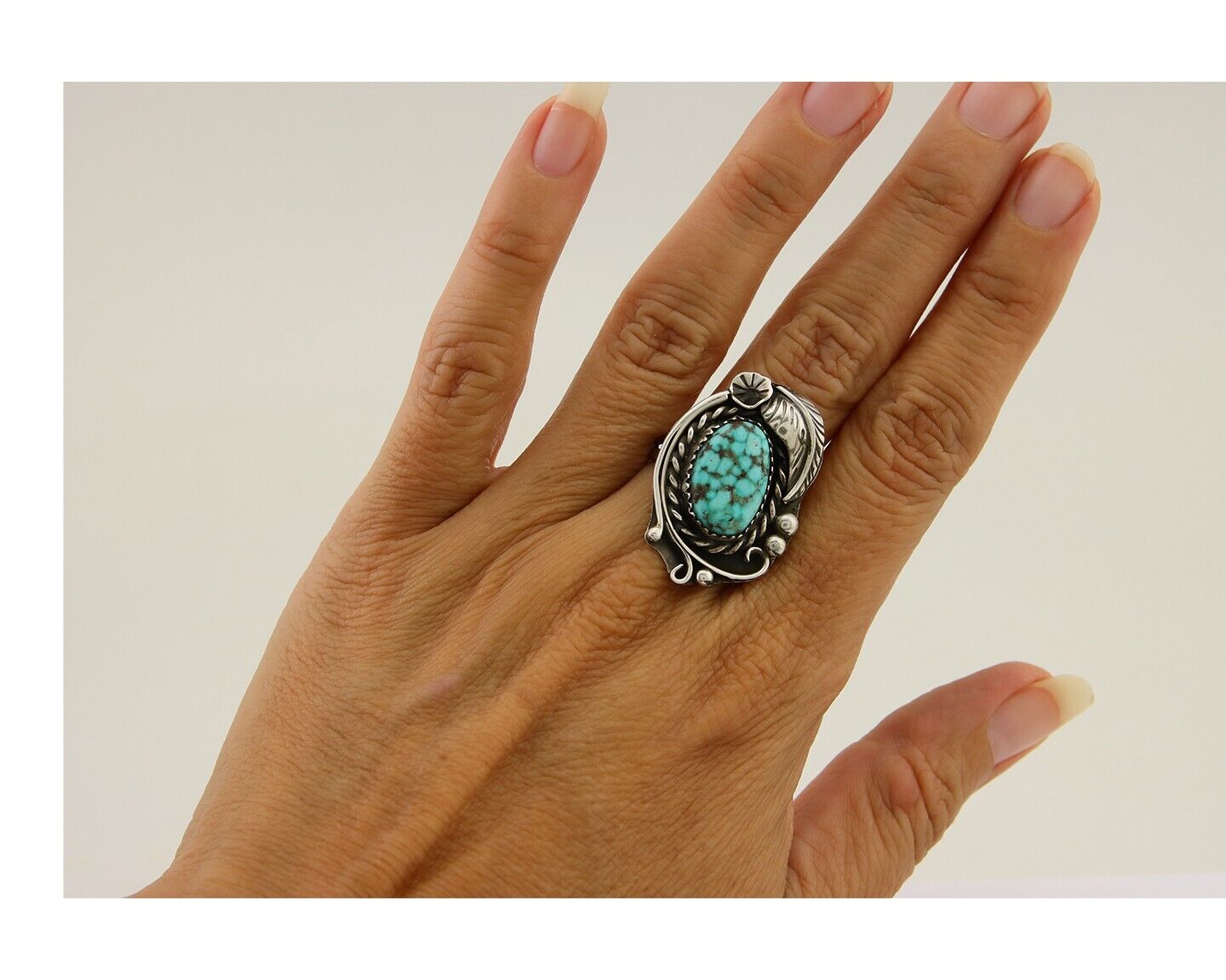 Navajo Ring 925 Sterling Silver Spiderweb Turquoise Artist Signed CW C.80's