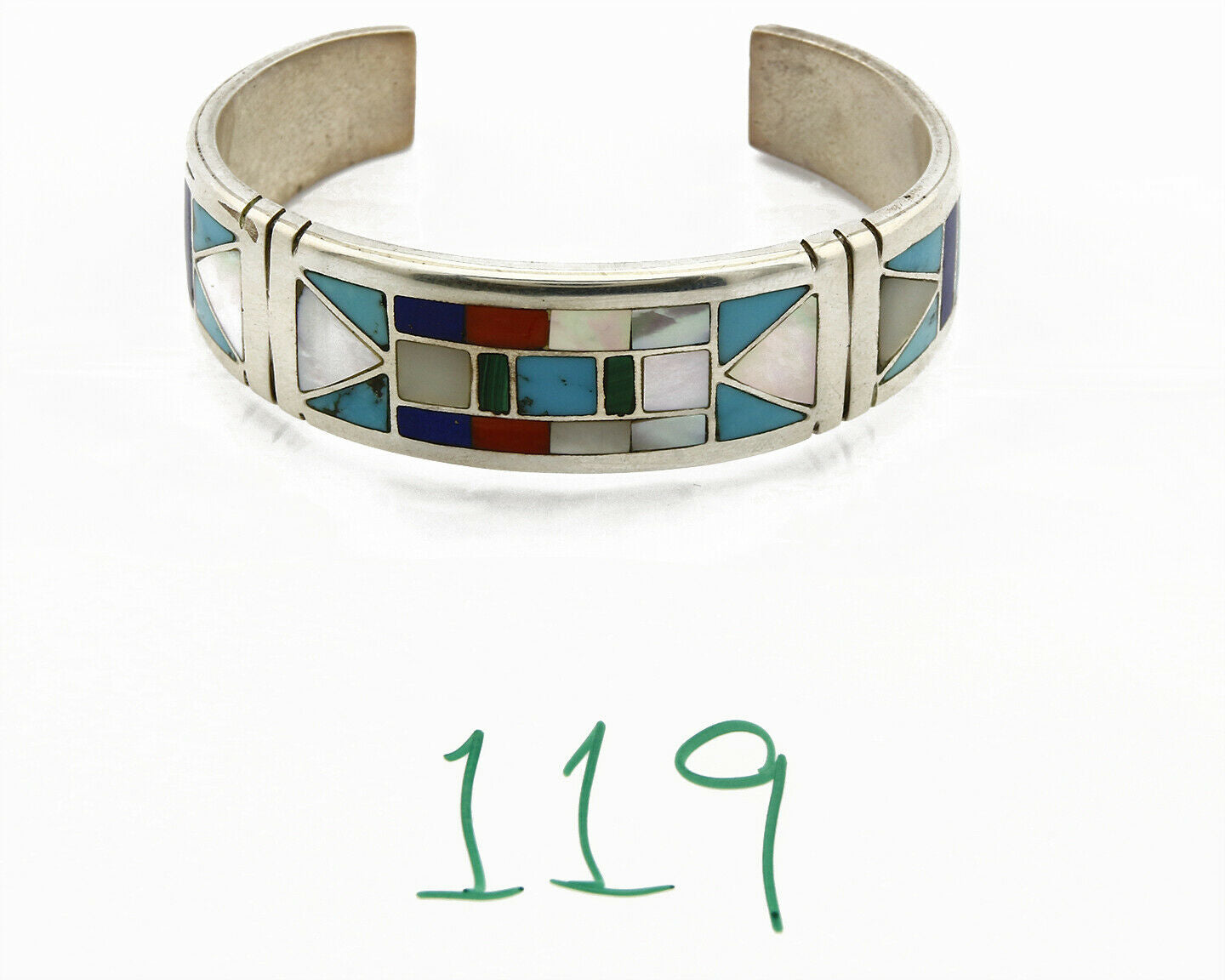Early Artist David Freeland Inlaid Natural Gemstone .925 SOLID Silver Cuff