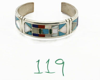 Early Artist David Freeland Inlaid Natural Gemstone .925 SOLID Silver Cuff