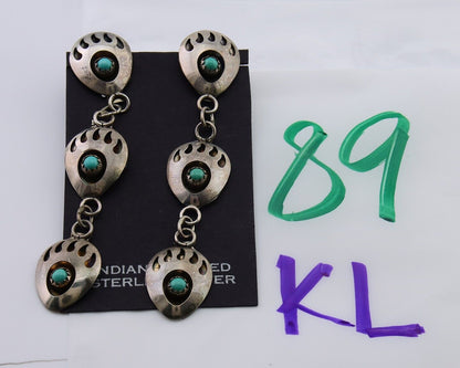 Navajo Paw Earrings 925 Silver Kingman Turquoise Native American Artist C.80's