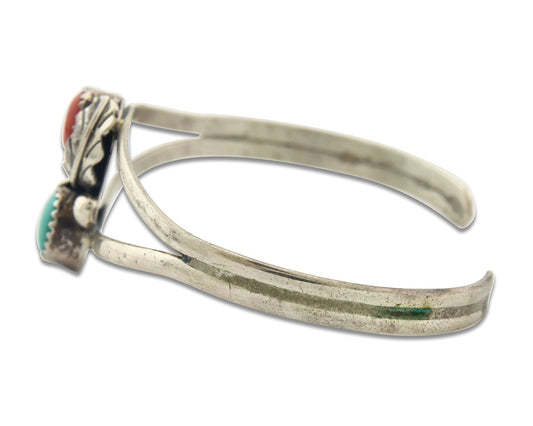 Vintage Navajo Bracelet 925 Silver Natural Red Coral Turquoise Handmade