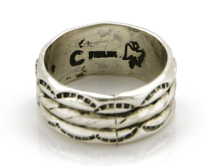 Navajo Ring .925 Silver Handmade Hand Stamped 3 Row Rope Band C.1980's