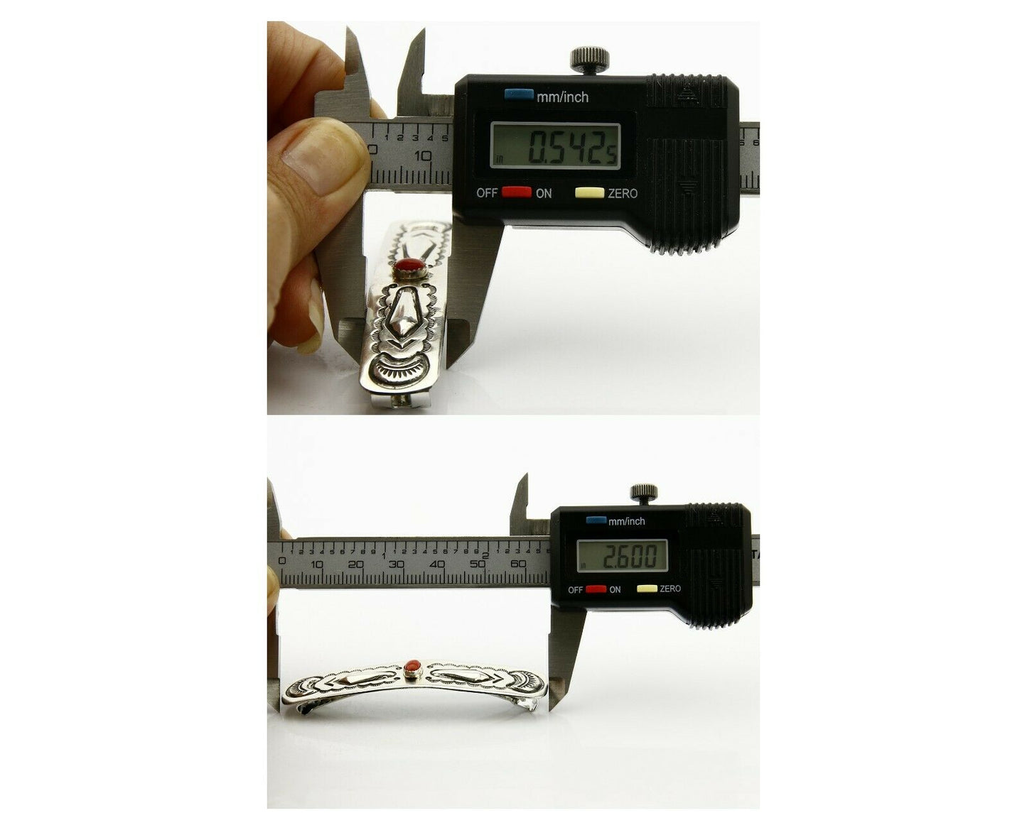 Navajo Real Red Coral 925 SOLID SILVER Hand Stamped 12mm Wide Barrette Hair Clip