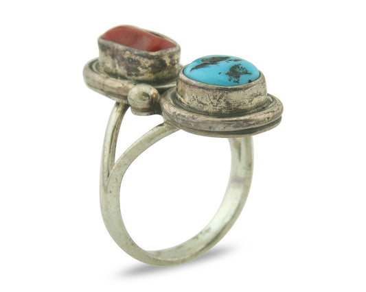 Vintage Navajo Ring 925 Sterling Natural Coral & Turquoise Native Artist Sz 6.25