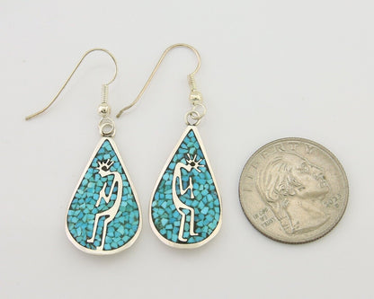 Navajo Kokopelli Earrings 999 Nickel Chip Inlay Turquoise Coral Native American