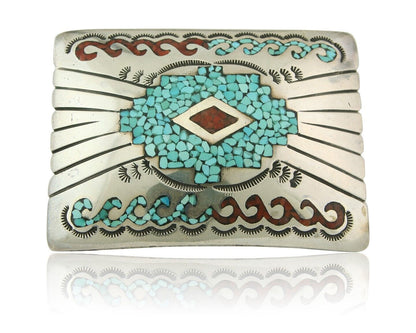 Vintage Navajo Belt Buckle 925 Silver Handmade Inlaid Gemstone Signed IHMJ