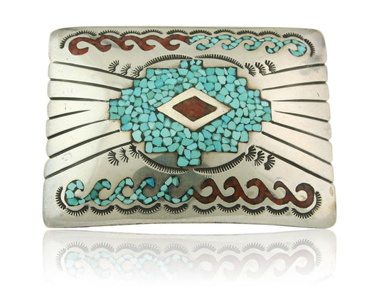 Vintage Navajo Belt Buckle 925 Silver Handmade Inlaid Gemstone Signed IHMJ