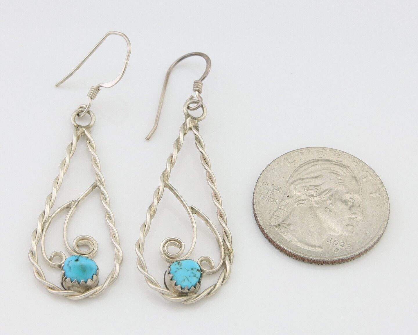 Navajo Dangle Earrings 925 Silver Natural Turquoise Artist Signed JB C.80's