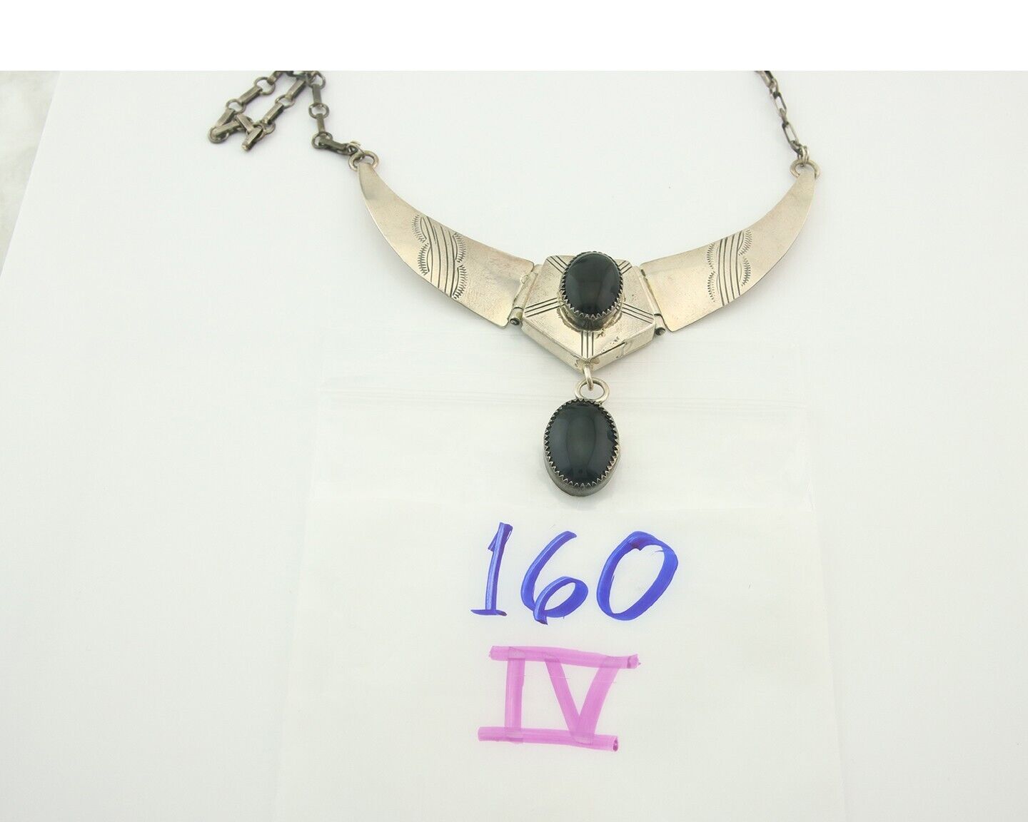 Vintage Navajo Necklace 925 Silver Natural Onyx Artist Signed AP