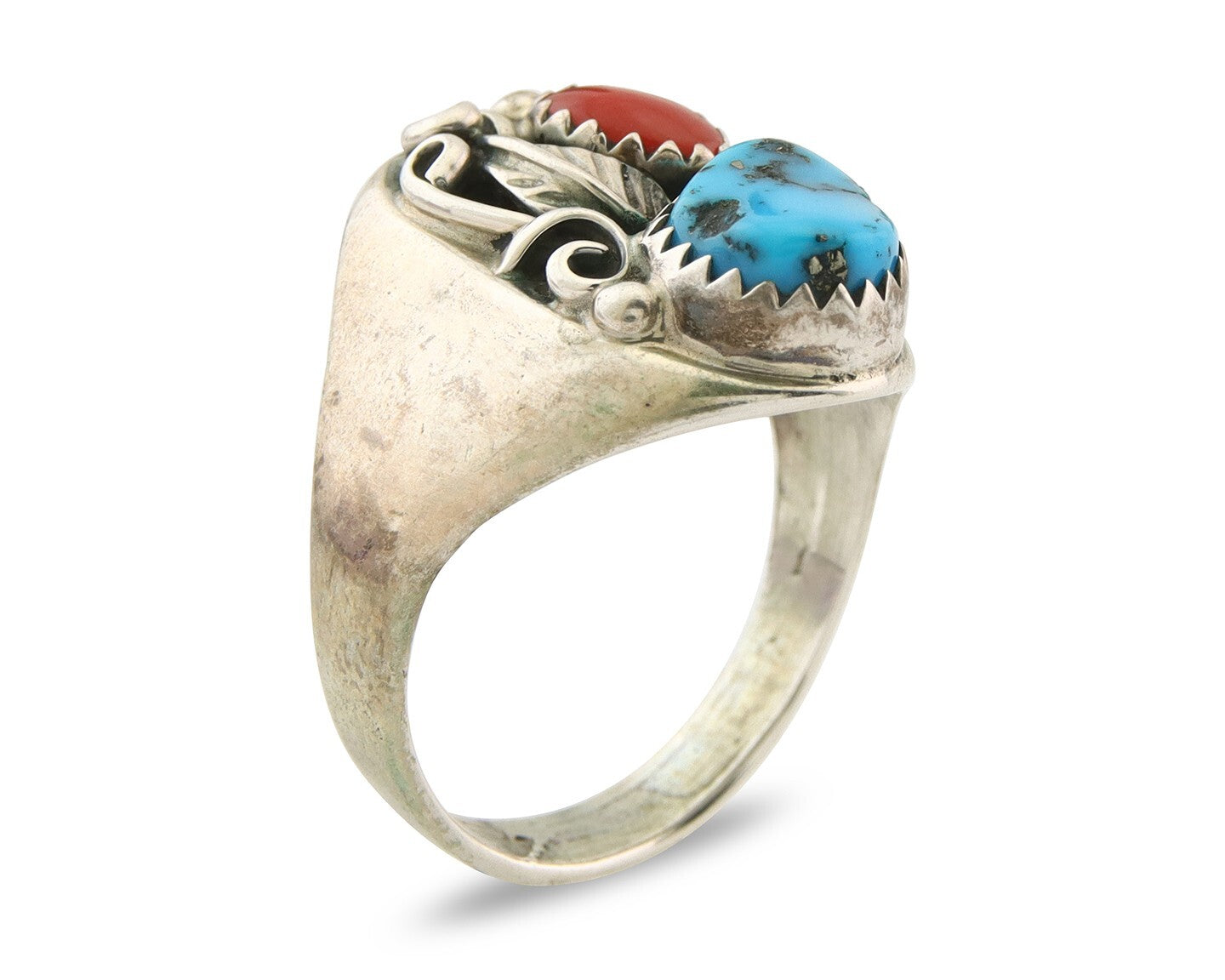 Navajo Ring 925 Sterling Turquoise & Coral Native Artist C.80's Size 8.5