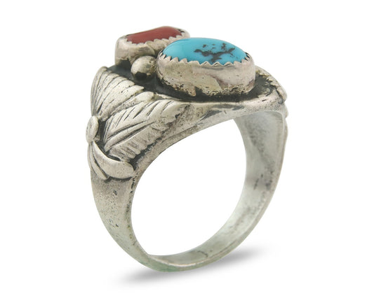 Men Vintage Navajo Ring 925 Sterling Turquoise & Coral Native Artist Size 12.5