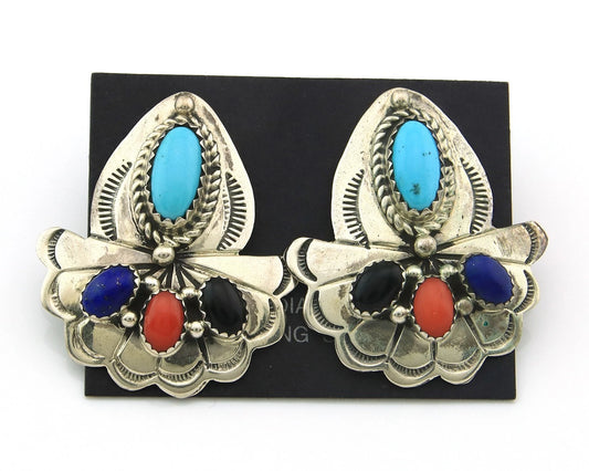 Navajo Dangle Earrings Sterling Silver Natural Gemstones Vintage Handmade