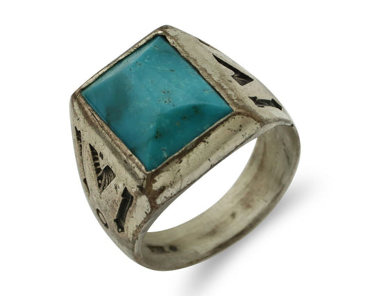 Navajo Ring 925 Silver Kingman Turquoise Signed Sun Bell Silver Company C.80's