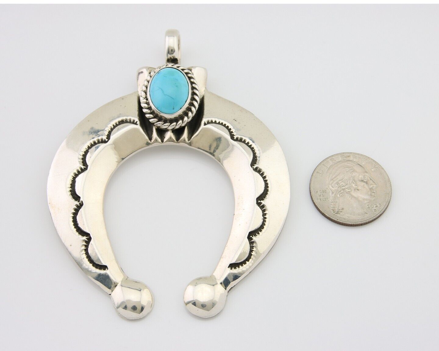Navajo Naja Pendant 925 Silver Turquoise Heavy Hand Stamped Native Artist C.80's