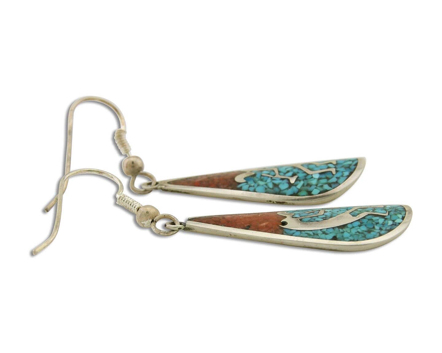 Navajo Kokopelli Earrings 999 Nickel Chip Inlay Turquoise Coral Native American