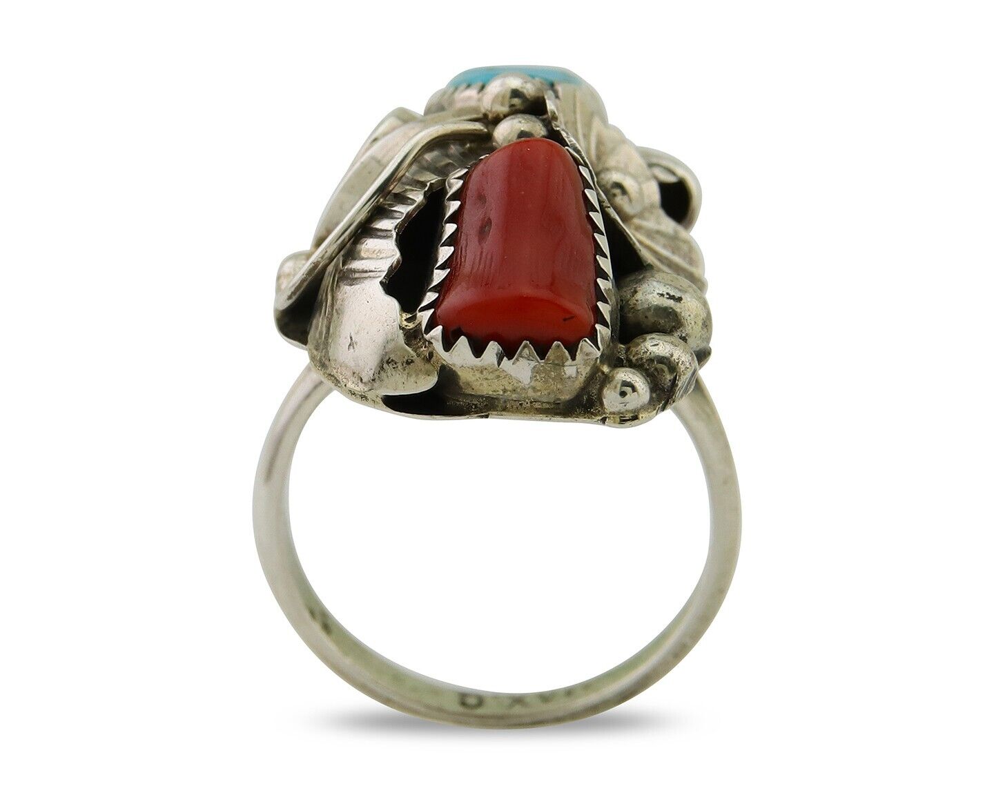 Navajo Handmade Ring 925 Silver Coral & Turquoise Signed Circle Max C.80's