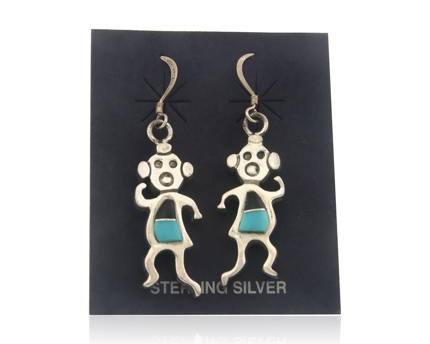 Navajo Earrings 925 Silver Natural Turquoise & Onyx Native American Artist C.80s