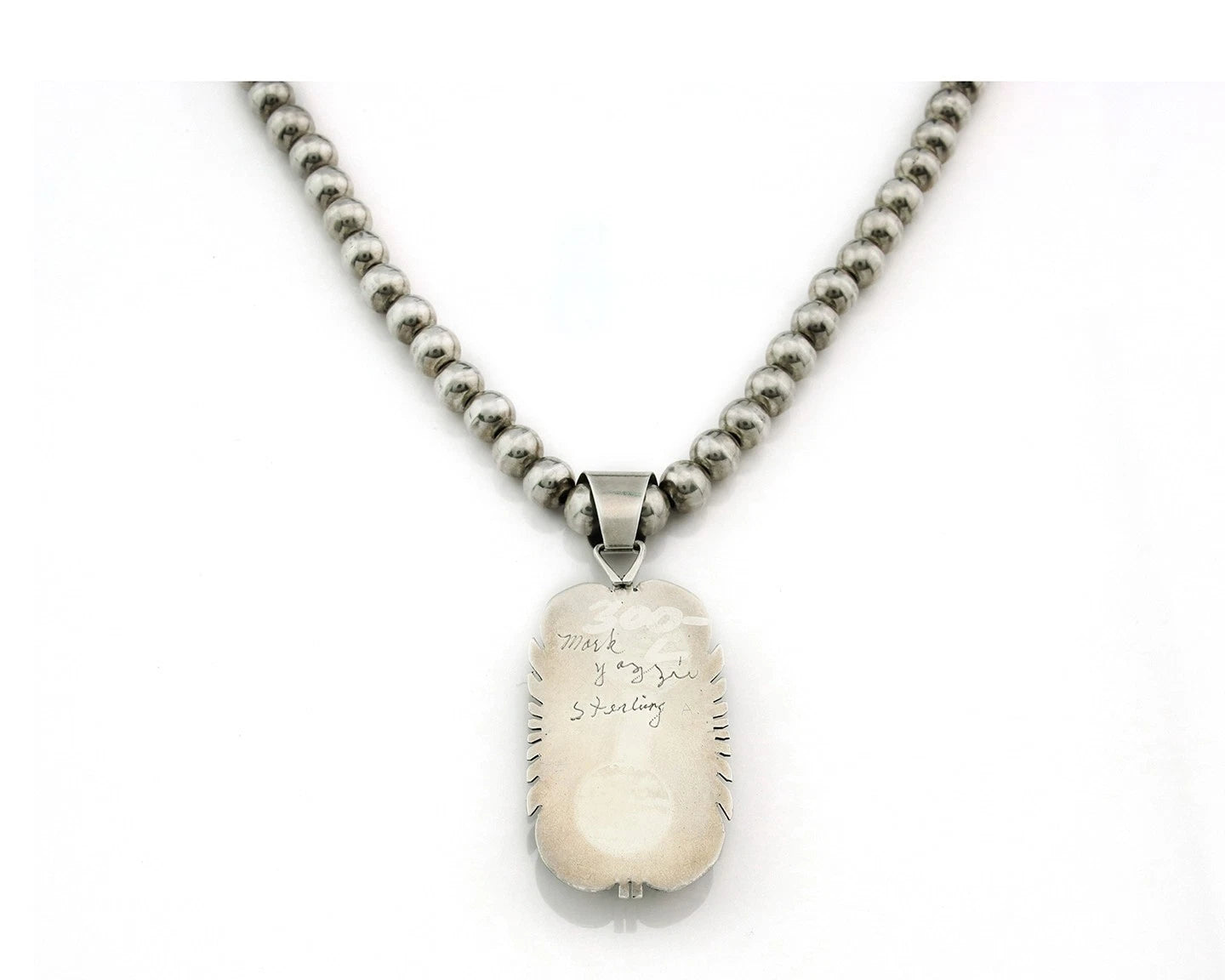 Navajo Bead Necklace 925 Sterling Silver Chaolite Vintage Signed Mark Yazzie