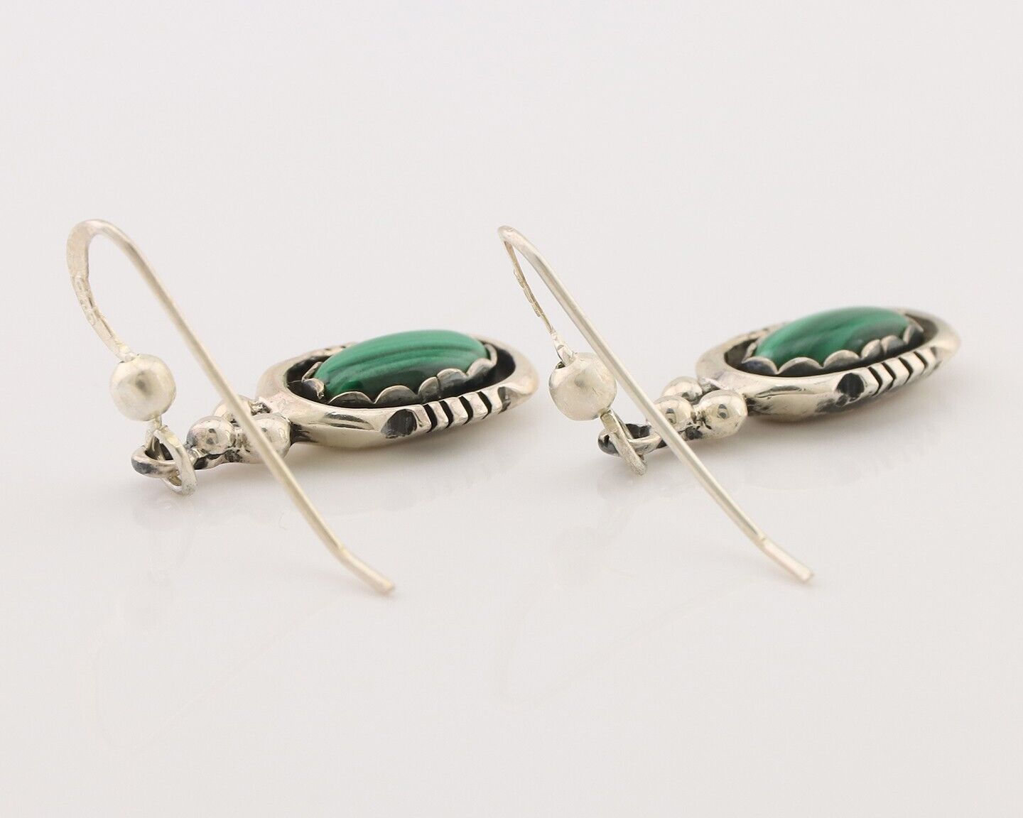 Navajo Dangle Earrings 925 Silver Natural Malachite Native American Artist C.80s