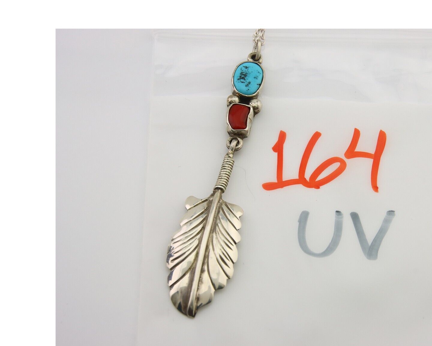 Navajo Feather Necklace 925 Silver Turquoise & Coral Signed M Montoya C.80's