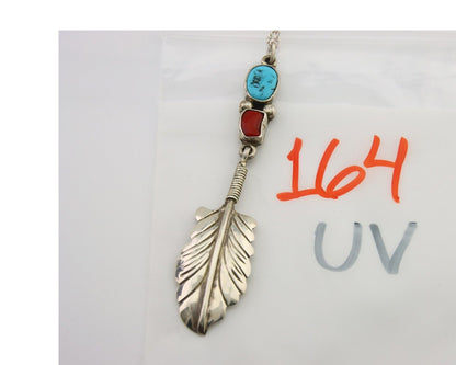 Navajo Feather Necklace 925 Silver Turquoise & Coral Signed M Montoya C.80's