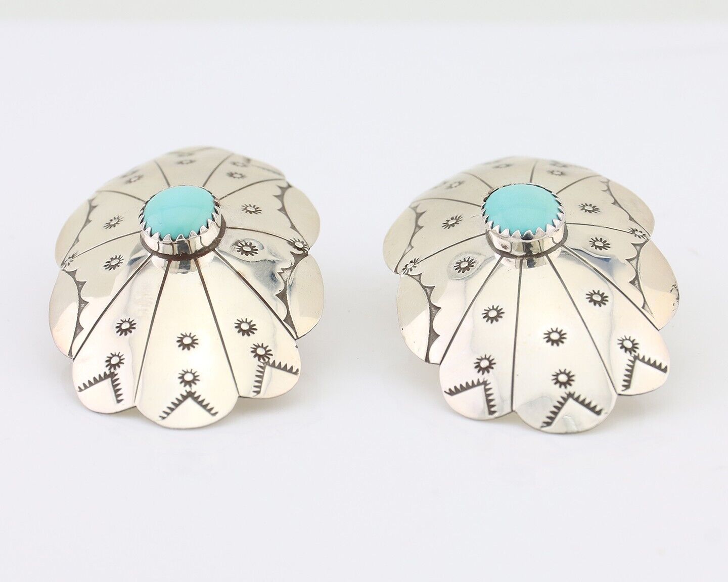 Navajo Hand Stamped Shield Earrings 925 Silver Turquoise Native Artist C.80's