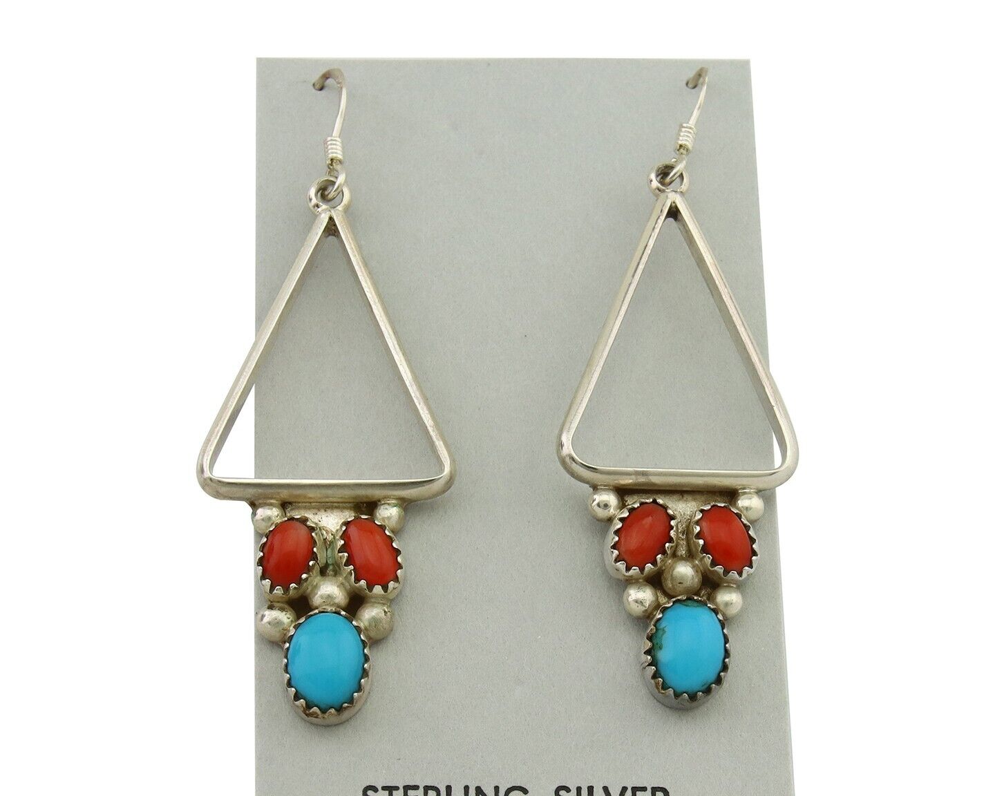 Navajo Earrings 925 Silver Turquoise & Coral Native American Artist C.80's