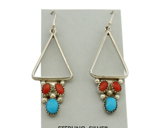 Navajo Earrings 925 Silver Turquoise & Coral Native American Artist C.80's