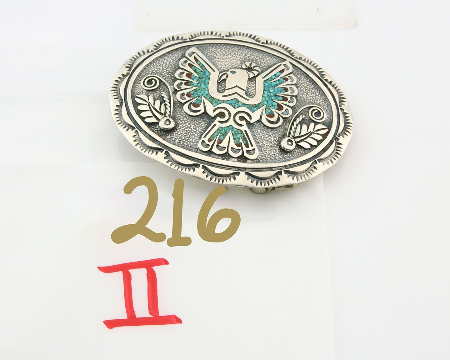 Navajo Belt Buckle 925 Sterling Silver Turquoise Coral Signed Stanley Bains C80s