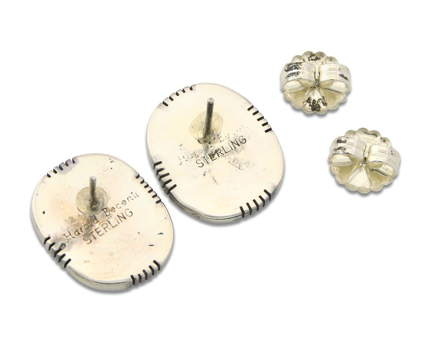 Navajo Earrings 925 Silver Spiderweb Turquoise Artist Signed Harold Becenti C80s