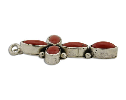 Navajo Cross Pendant 925 Silver Mediterranean Coral Signed J Tso C.80s