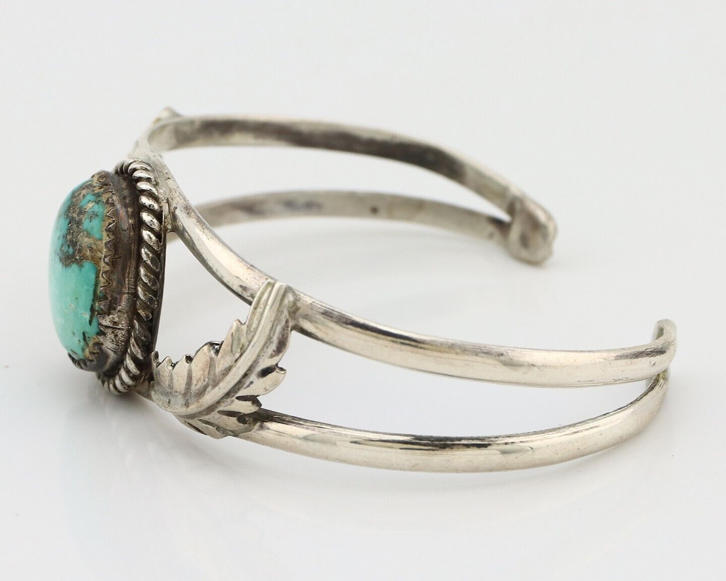 Navajo Bracelet 925 Silver Natural Blue Turquoise Artist Signed Rising Sun C80s