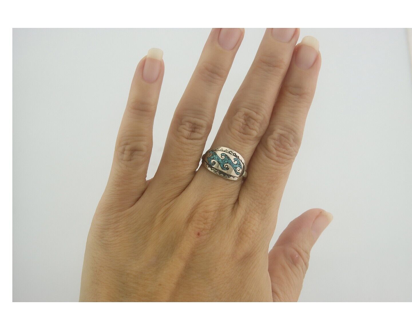 Navajo Ring 925 Silver Inlaid Turquoise Native American Artist C.80's Size 6.75