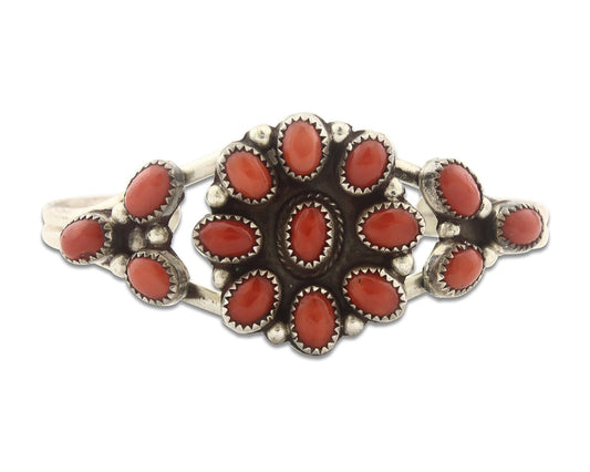 Vintage Navajo Bracelet 925 Silver Red Coral handmade Traditional Cuff