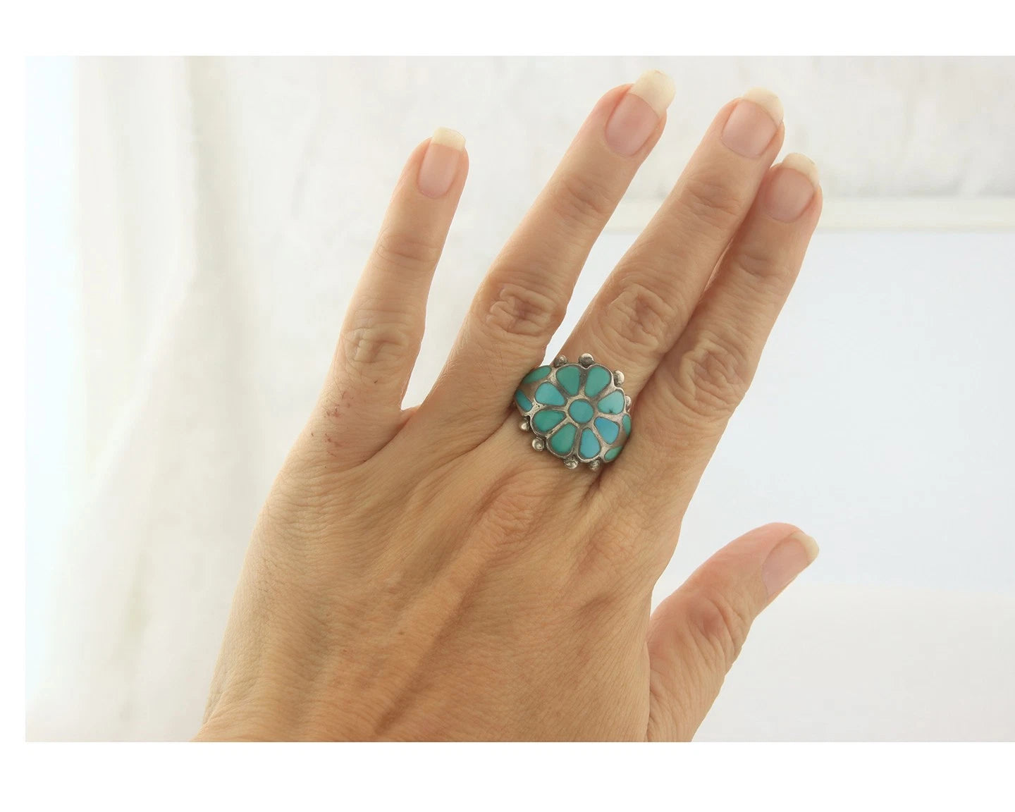 Native American Ring Sterling Silver Natural Turquoise Signed Size 7.75