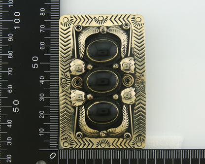 Navajo Concho Belt Buckle .999 Nickel Onyx Native American Artist 2x3 in C.80's