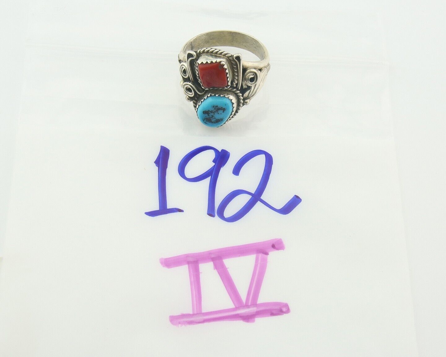 Men Navajo Ring 925 Sterling Natural Coral & Turquoise Signed JM C.80's Sz 12.25