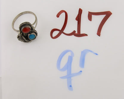 Navajo Handmade Ring 925 Silver Coral & Turquoise Native Artist C.80's